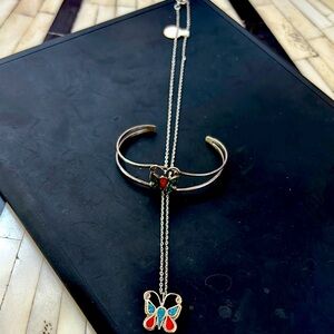 Matching Sterling Silver Butterfly Bracelet & Necklace Genuine Turquoise/Coral